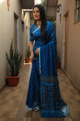 Azure Blue Handmade Bandhej Silk Saree