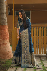 Amazing Yale Blue handmade Bandhej Kanjivaram Silk Saree
