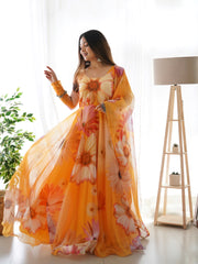 Chic Motif Floral Printed Honey Yellow Pure Organza Anarkali Gown