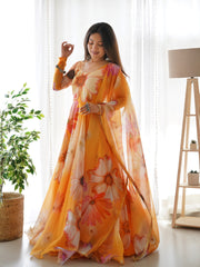 Chic Motif Floral Printed Honey Yellow Pure Organza Anarkali Gown