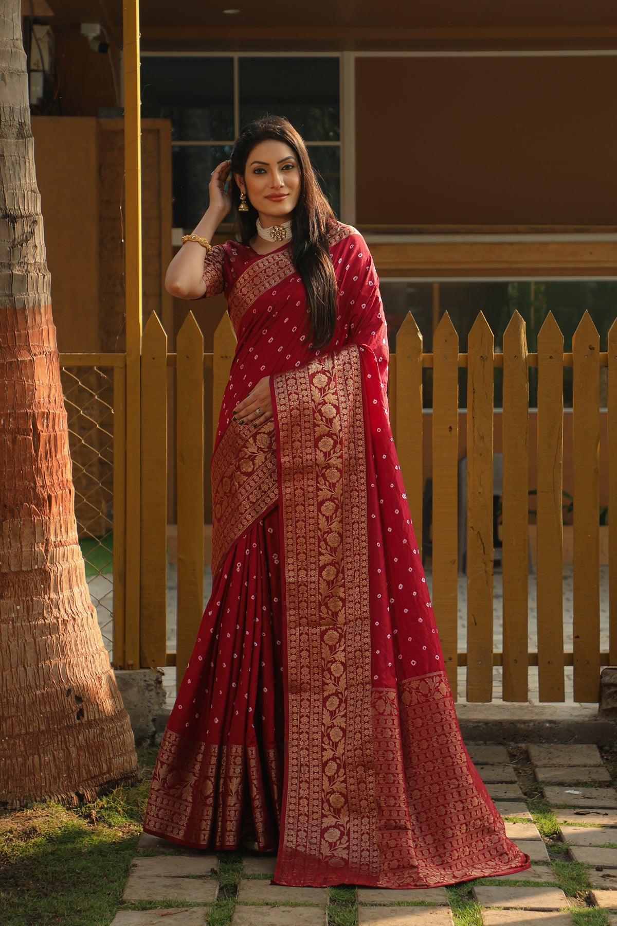 Amazing Crimson Red handmade Bandhej Kanjivaram Silk Saree