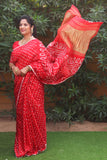 Premium Crimson Red Pure Bandhej Silk Saree