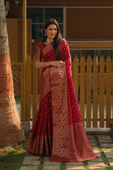 Amazing Crimson Red handmade Bandhej Kanjivaram Silk Saree