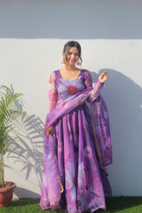 Chic Motif Floral Printed Orchid Purple  Pure Organza Anarkali Gown