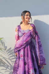 Chic Motif Floral Printed Orchid Purple  Pure Organza Anarkali Gown