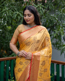 Majestic Premium Banarasi Canary Yellow Kanchi Semi Silk Saree