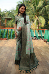 Beautiful Handwork Pista Colour Banarasi Soft Silk Saree