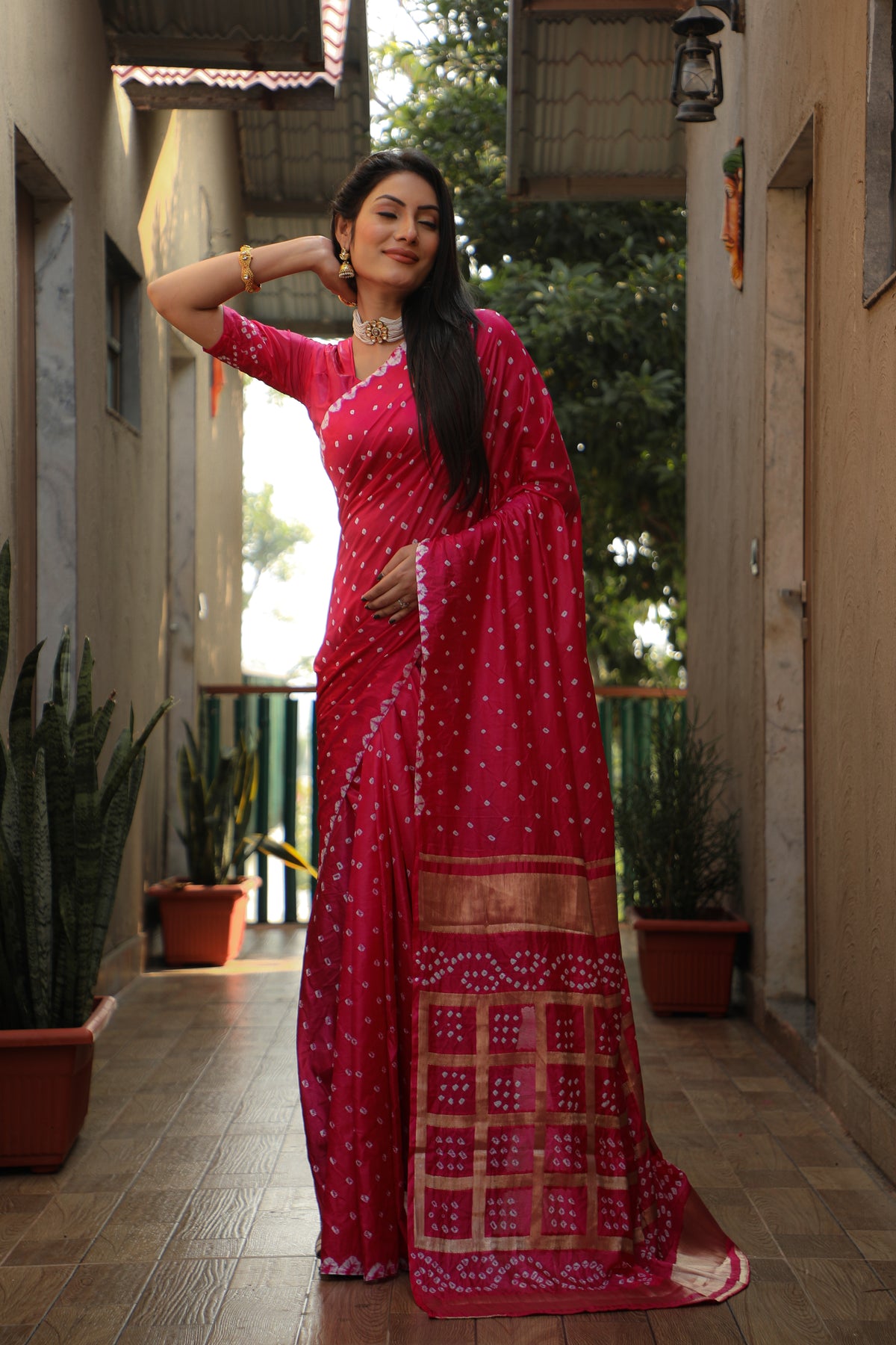Bright Pink Handmade Bandhej Silk Saree
