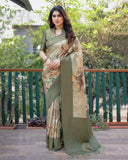 Gorgeous Apple Green Digital Print Soft Banarsi Silk Saree
