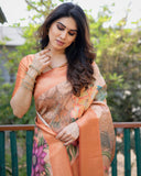 Gorgeous Peach Digital Print Soft Banarsi Silk Saree