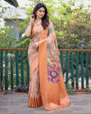 Gorgeous Peach Digital Print Soft Banarsi Silk Saree