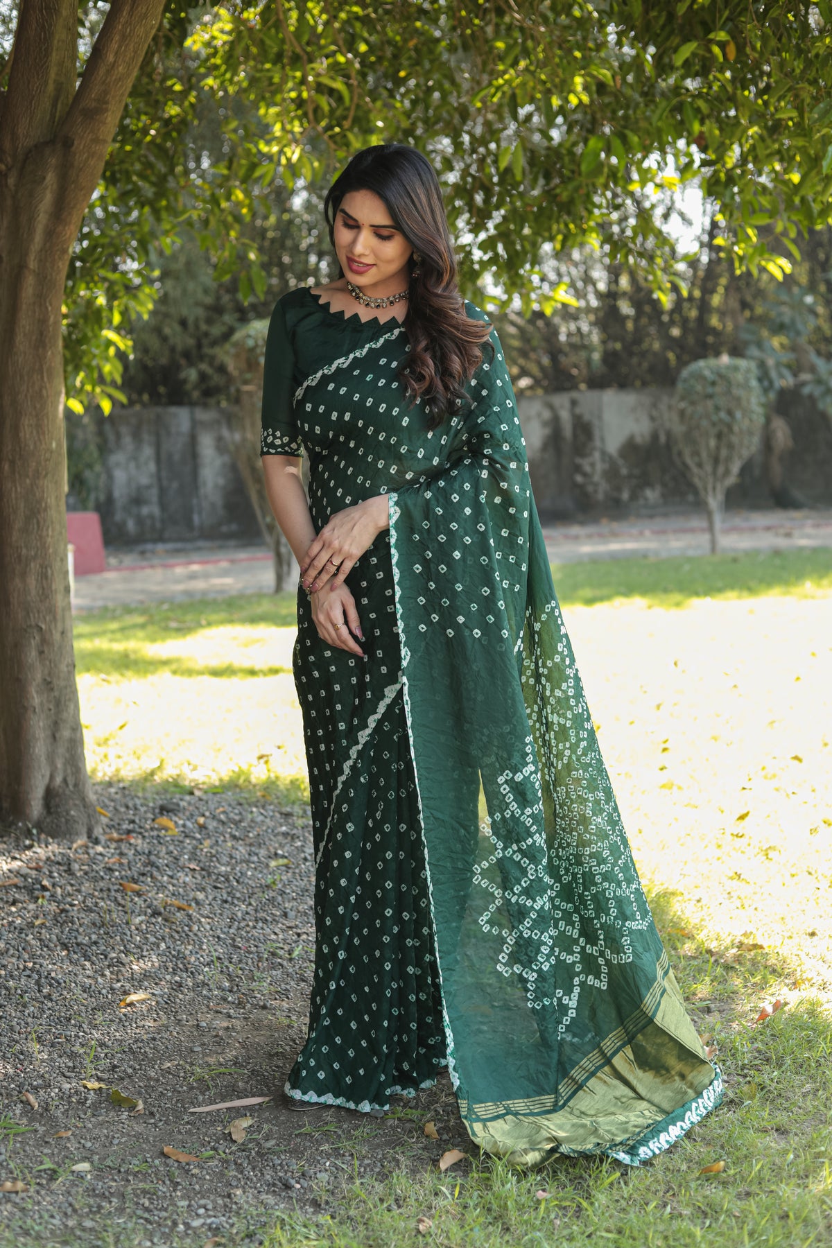 Super Stylish Pure Bandhej Silk Forest Green Saree