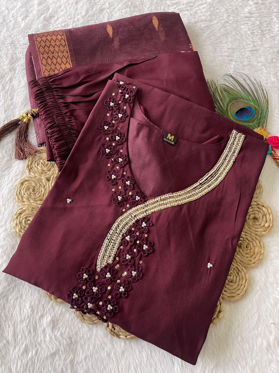 Dania Maroon Roman Silk Hand Worked Kurti Set