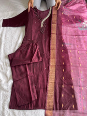 Dania Maroon Roman Silk Hand Worked Kurti Set