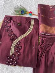 Dania Maroon Roman Silk Hand Worked Kurti Set