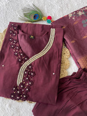 Dania Maroon Roman Silk Hand Worked Kurti Set