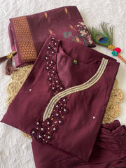 Dania Maroon Roman Silk Hand Worked Kurti Set