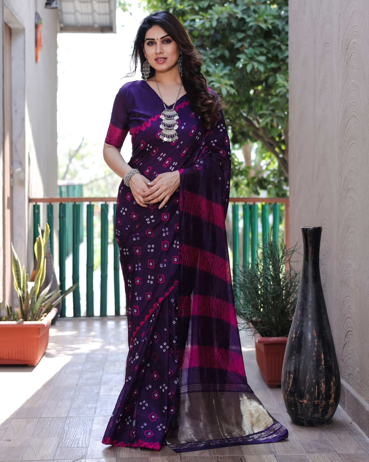 Latest Premium Dark Purple Pure Bandhej Silk Saree