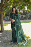 Super Stylish Pure Bandhej Silk Forest Green Saree