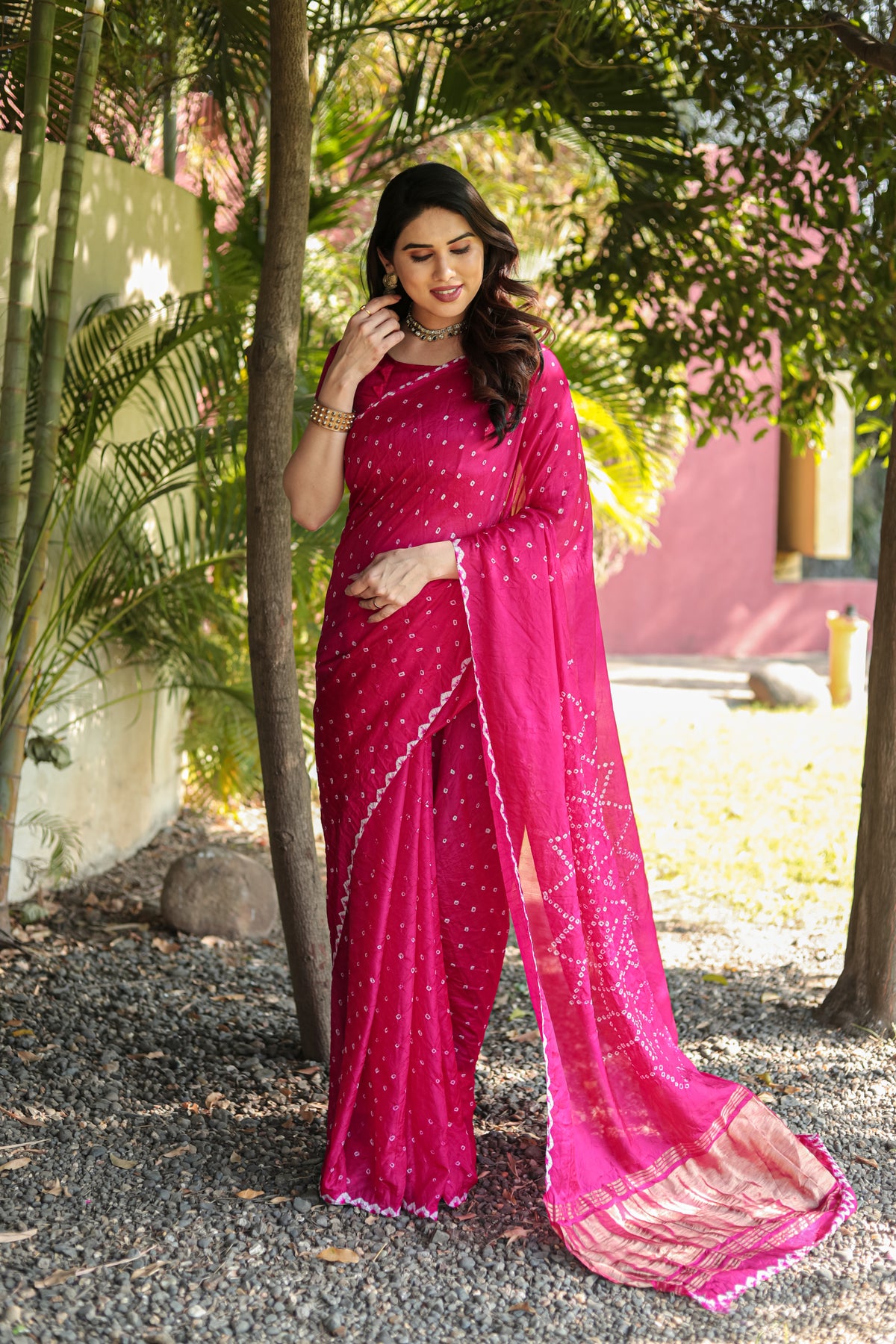 Super Stylish Pure Bandhej Silk Pink Saree