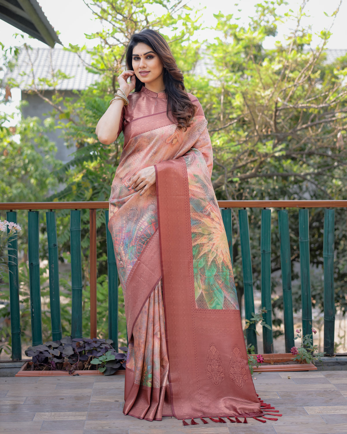 Gorgeous Chestnut Brown Digital Print Soft Banarsi Silk Saree