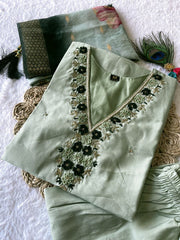 Dania Pista Green Roman Silk Hand Worked Kurti Set