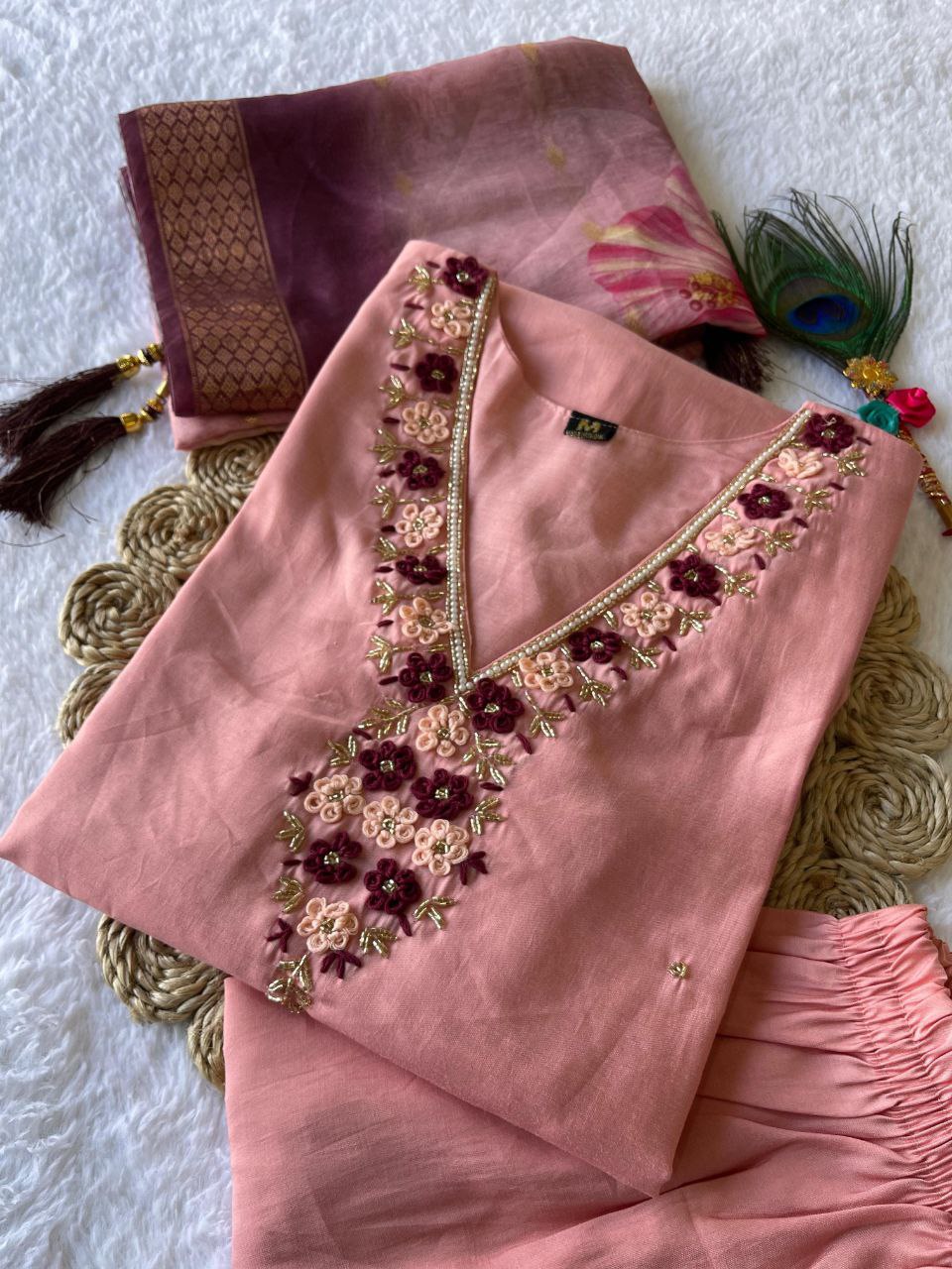 Jenna Gajri Pink Roman Silk Hand Worked Kurti Set