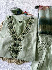 Dania Pista Green Roman Silk Hand Worked Kurti Set