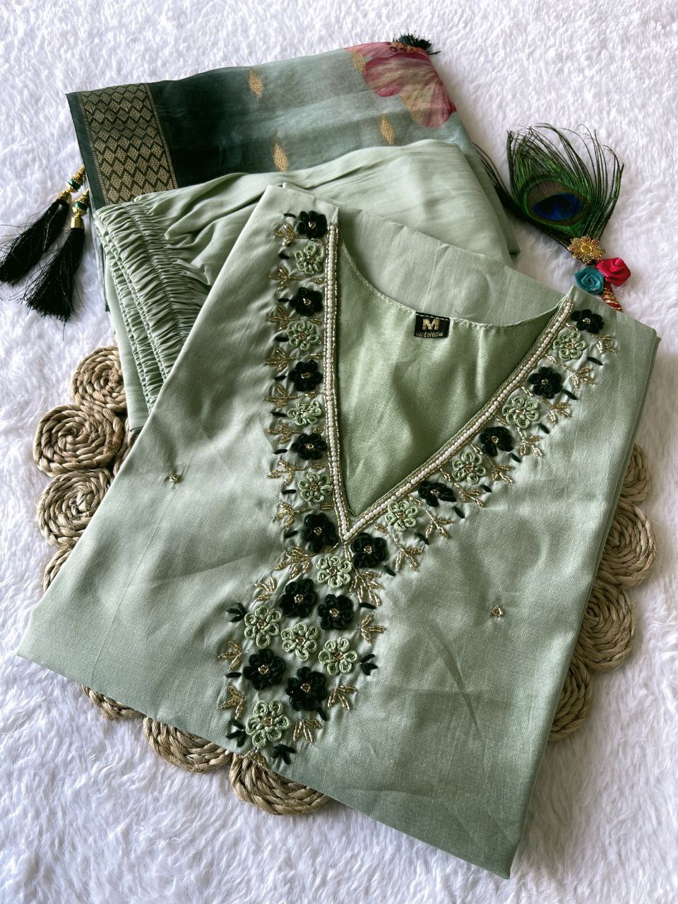 Dania Pista Green Roman Silk Hand Worked Kurti Set