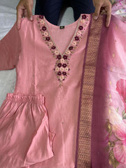 Jenna Gajri Pink Roman Silk Hand Worked Kurti Set