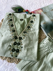 Dania Pista Green Roman Silk Hand Worked Kurti Set