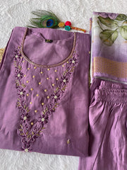 Dania Mauve Purple  Roman Silk Hand Worked Kurti Set