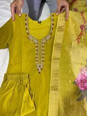 Jenna Alge Yellow  Roman Silk Hand Worked Kurti Set