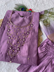 Dania Mauve Purple  Roman Silk Hand Worked Kurti Set