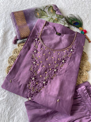 Dania Mauve Purple  Roman Silk Hand Worked Kurti Set