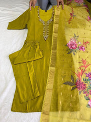 Jenna Alge Yellow  Roman Silk Hand Worked Kurti Set