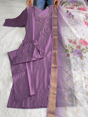 Dania Mauve Purple  Roman Silk Hand Worked Kurti Set