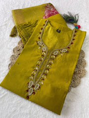 Jenna Alge Yellow  Roman Silk Hand Worked Kurti Set