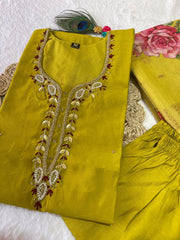 Jenna Alge Yellow  Roman Silk Hand Worked Kurti Set