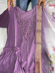 Dania Mauve Purple  Roman Silk Hand Worked Kurti Set