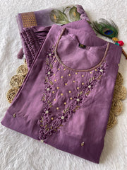 Dania Mauve Purple  Roman Silk Hand Worked Kurti Set