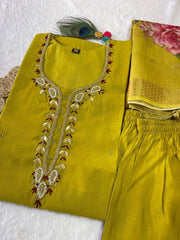 Jenna Alge Yellow  Roman Silk Hand Worked Kurti Set