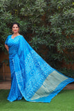 Premium Azure Blue Pure Bandhej Silk Saree