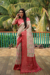 Beautiful Handwork Cream Colour Banarasi Soft Silk Saree