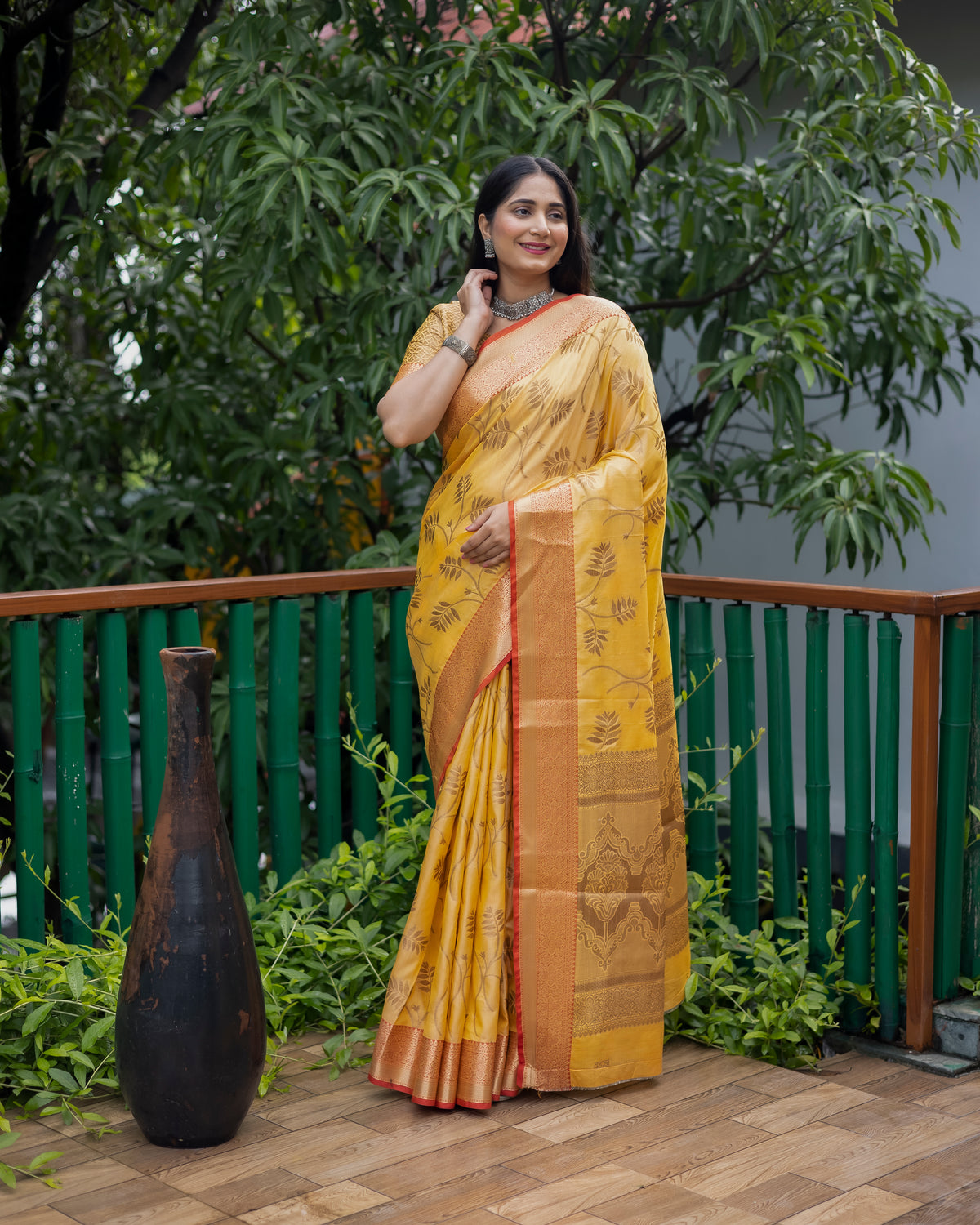 Majestic Premium Banarasi Canary Yellow Kanchi Semi Silk Saree