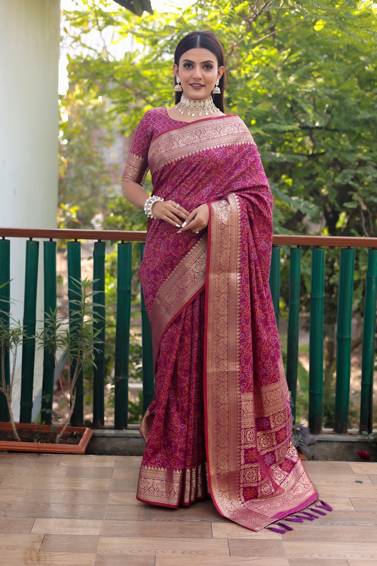 Pure Handloom Silk Bandhej Wine Patola Saree