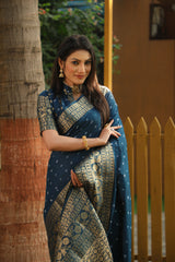 Amazing Yale Blue handmade Bandhej Kanjivaram Silk Saree