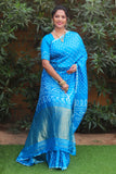 Premium Azure Blue Pure Bandhej Silk Saree