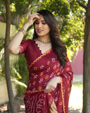 Pretty And Beautiful Crimson Maroon Bandhej Silk Boutique Saree