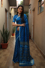 Azure Blue Handmade Bandhej Silk Saree
